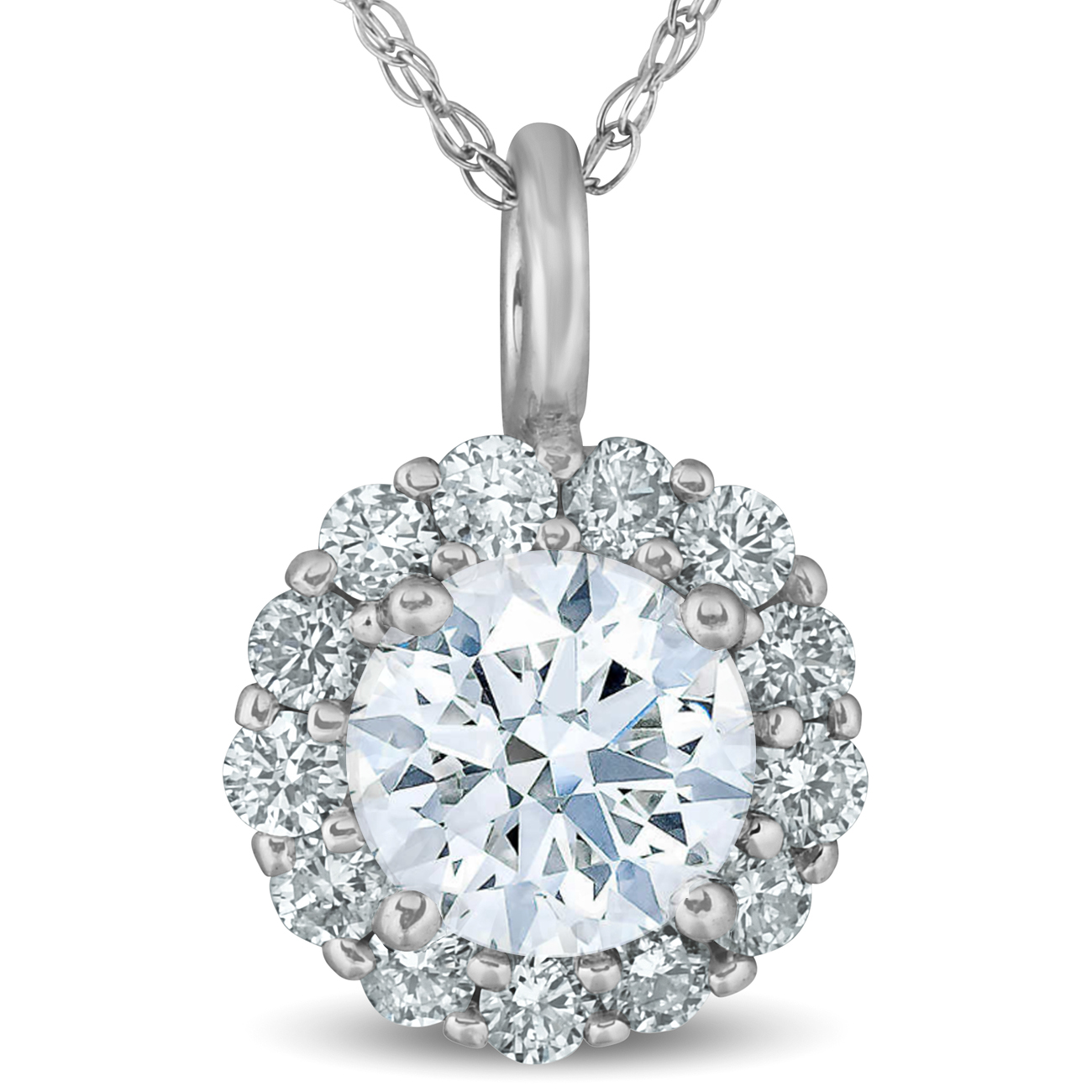 3/4 Ct TW Round Cut Diamond Halo Solitaire Pendant 14k White Gold Necklace  (G-H, I1)