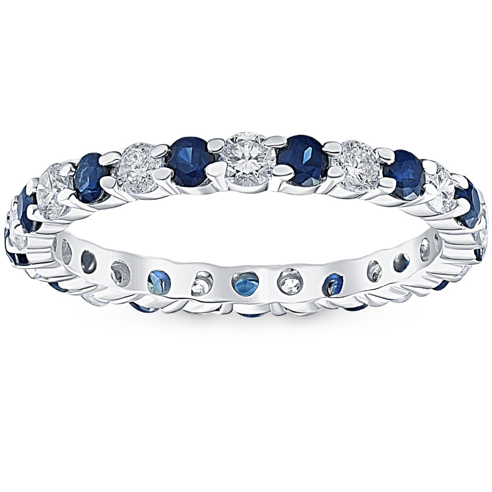 1 cttw Blue Sapphire Diamond Wedding Eternity Ring 14k White Gold (G-H, I1)