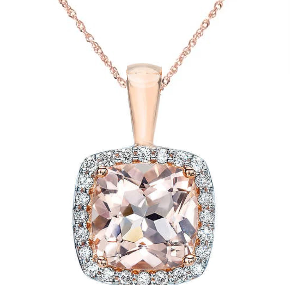 1 1/10ct Morganite Cushion Halo Diamond Pendant 14K Rose Gold (G-H, I2-I3)