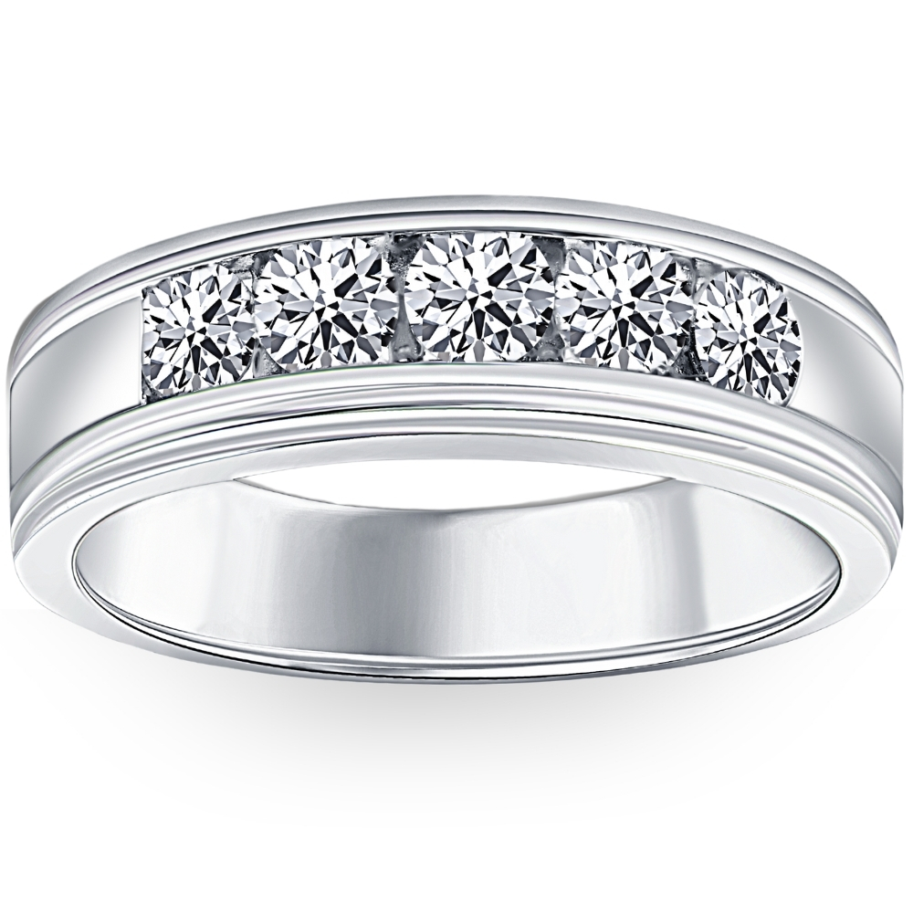 Pompeii3 1 Ct Mens Diamond 5-Stone Wedding Ring Channel Set Classic Ring 10K White Gold - Size 8