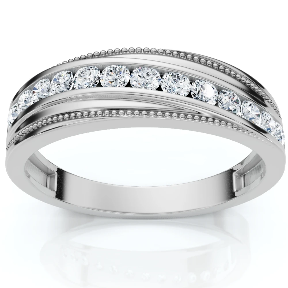 1/2 Ct Mens Diamond Wedding Ring With Bead Accent High Polished 10k White Gold (H-I, I1)