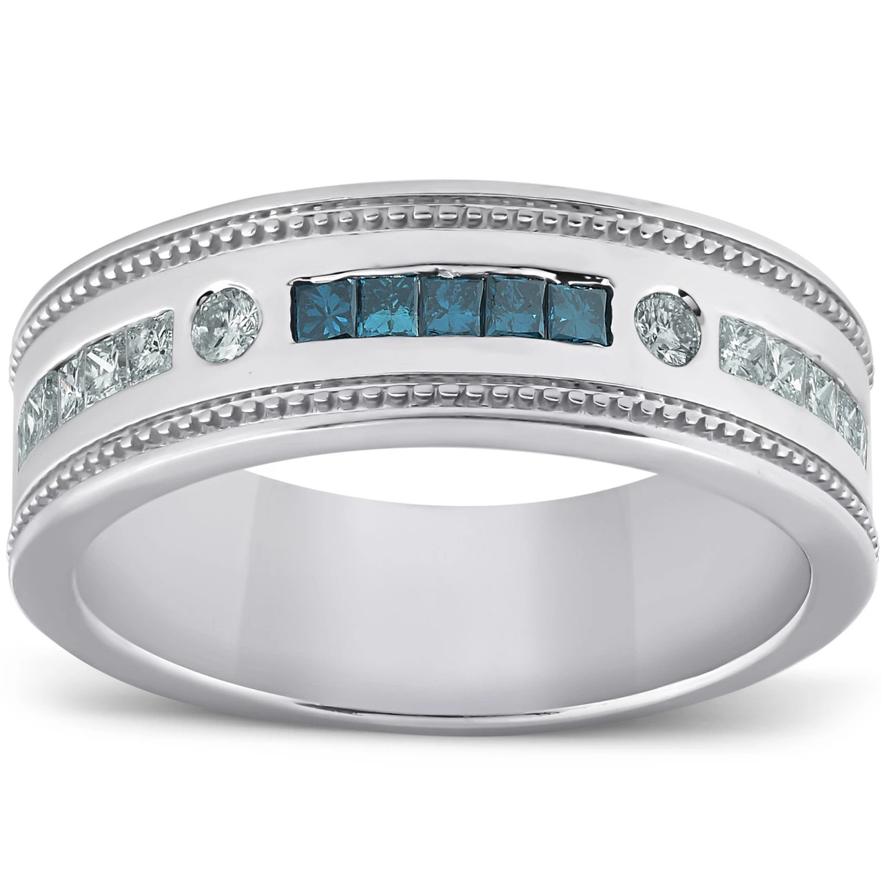 1/2 Ct Mens Blue Diamond Princess Cut Wedding Ring 10k White Gold (H-I, I1)