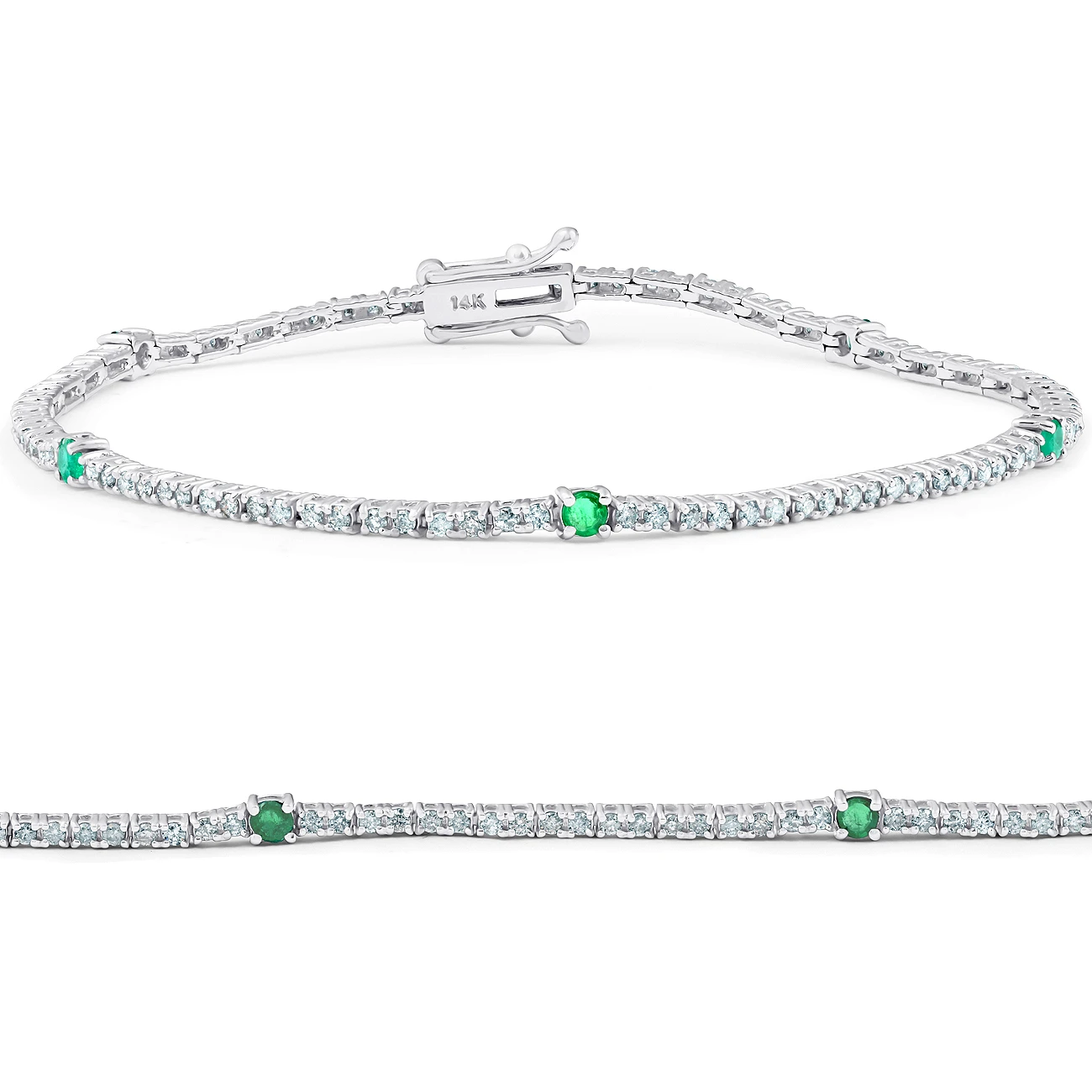 1 1/10 Ct Diamond & Green Emerald Tennis Bracelet 14k White Gold 7" Lab Grown (G-H, VS)