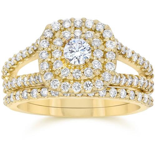 1 1/10CT Cushion Halo Diamond Engagement Wedding Ring Set 10K Yellow Gold