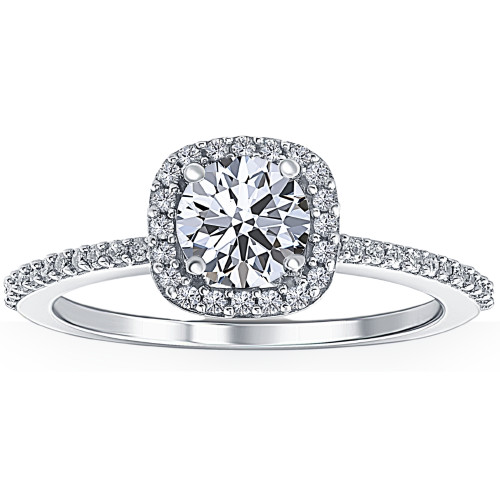 Three 1-carat lab-grown diamond rings side by side in different settings: a clean white gold solitaire, a round halo, and a pavé band solitaire, showing how setting choice affects overall ring appearance