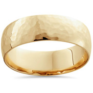 7mm 14K Yellow Gold High Polished Hammered Mens Wedding Band