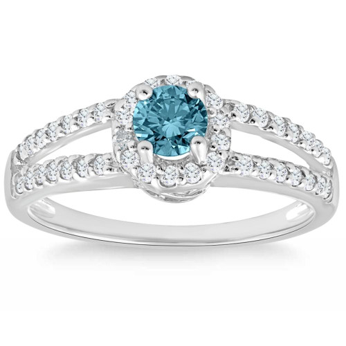 3/4ct Halo Split Shank Treated Blue Diamond Engagement Ring 14K White Gold
