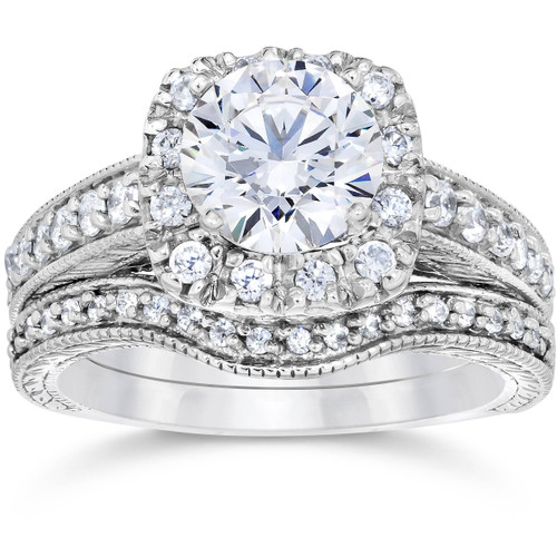 3/4ct Cushion Diamond Vintage Halo Engagement Ring Set 14K White