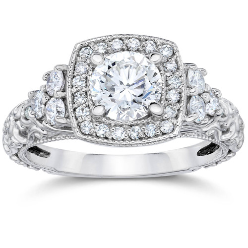 1CT Cushion Halo Round Diamond Vintage Engagement Ring 14K White Gold