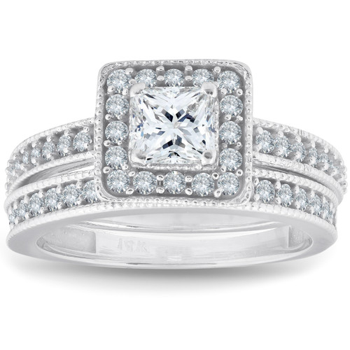 1ct Princess Cut Halo Diamond Engagement Wedding Ring Set 14k White Gold