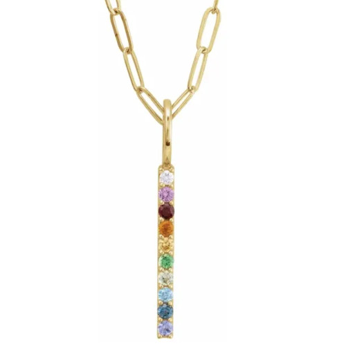 14K Yellow Natural Multi-Gemstone Rainbow Bar Pendant 1