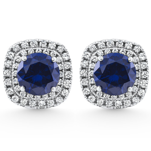 2.65Ct Cushion Halo Blue Sapphire Diamond Studs 14k White Gold Earring ...