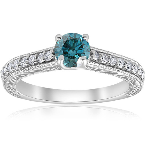 3/4ct Blue & White Diamond Vintage Engagement Ring 14K White Gold