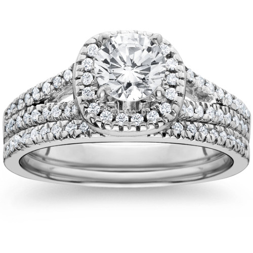 1ct Halo Diamond Engagement Ring Set Split Shank Bridal Wedding 14K ...