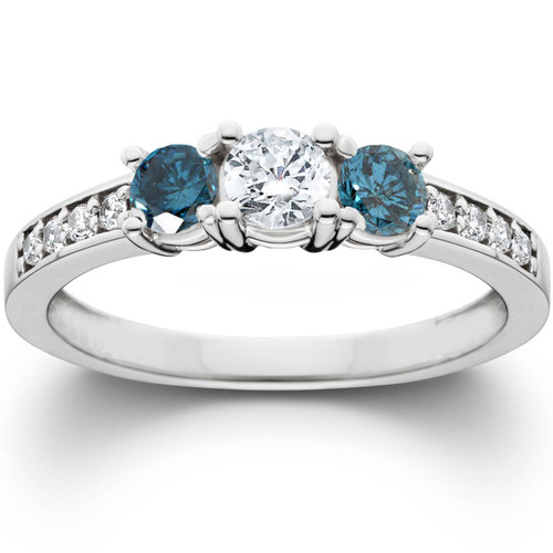 1ct Blue Diamond 3 Stone Engagement Ring 14K White Gold