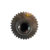 Close‑up of Mahindra hydraulic pump drive gear 006005061F1 showing a splined upper shaft and integral helical gear that installs in the engine front cover to drive the external gear‑type hydraulic pump on various Mahindra mid‑ and high‑horsepower tractors.