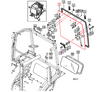 Mahindra rear cab glass 10‑hole 14527042111, the factory back window panel for 10 Series and 2500/2600 Series cab tractors with ten holes for hinges, struts and latch hardware.