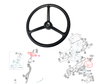 Mahindra steering wheel 11614012100 / 10514012000 for eMax20S and 2600 Series tractors; fits eMax20S HST OS/Cabin steering valve assemblies and 2660/2670 HST/PST Cabin power steering wheel groups.