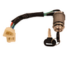Mahindra starter switch 000013052P04 shown as a multi‑position keyed ignition switch with wiring terminals and two matching keys, designed to mount in the dash panel of Mahindra 5520, 6520, 7060, 7520, 8560 and mPower 75/85 tractors to turn on electrical power and crank the engine.