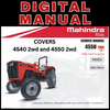 Digital service and operator’s manual bundle for Mahindra 4540 2WD and 4550 2WD tractors, including 438‑page service manual plus 110‑page Tier 4 operator’s manual in PDF with diagnostics, repair procedures, specs, and operating guidance; wiring diagrams are present but mostly unreadable in the scans.