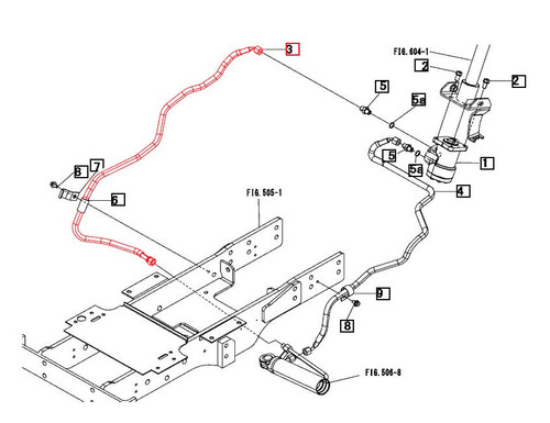 Mahindra left-hand power steering hose 19452343000 for 16 Series 3616 and 1500/1600 Series 1526 and 1626 Gear and HST 4WD tractors, routing hydraulic oil between the steering valve and cylinder for reliable power steering operation.