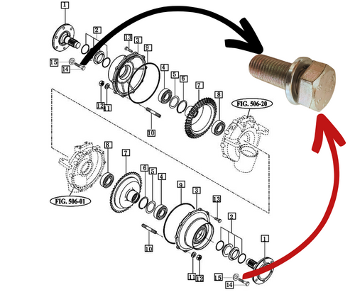 Mahindra 008008134B1 / 000010583P03 heavy-duty M16 x 2 x 40 mm hex head wheel bolt for front lifting eye and structural mounting points on tractors such as 4500, 5500, 6000, 6500, 4530, 5545, 5520, 5525, 5530, 6030, 6520, 6525, 6530, 7010, 7060, 7085, 7095, 7520, 8560, 5555, 5565, 5570, 2555, 2565, 2655, 2660, 2670, 6065 and 6075, used to fasten lifting eyes, front gear case components, EGR brackets, alternator mounts, swinging drawbars and cabin mounting brackets.