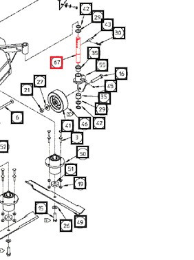 Mahindra AME452438 caster spindle rod for Amerequip MAH1660, MAH1672 and Max 26 60/72 inch mower decks, front caster wheel spindle rod that mounts the anti‑scalp gauge wheel to the deck bracket.