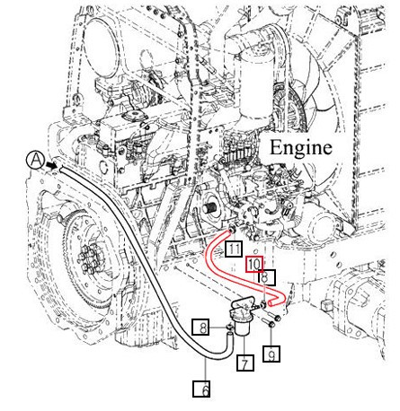 Mahindra 14721113400 / 12611113300 250 mm fuel hose assembly connecting the fuel injection pump to the fuel filter on 10 Series Mahindra tractors, including 2310 HST, 2810 HST 4WD, 3510 HST, 4010 Gear/HST and 6110 Gear Cab, replacing cracked or leaking OEM fuel lines to restore reliable diesel fuel delivery.