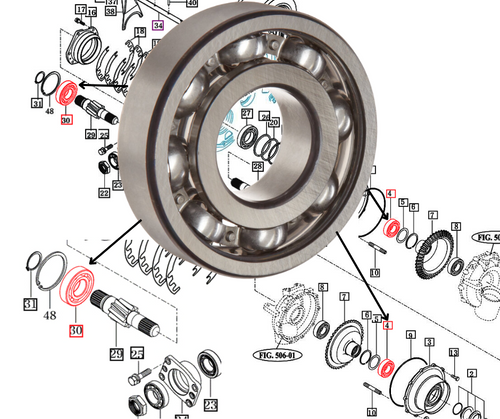 Mahindra V6001106310 ball bearing for 4530, 5545, 6110, 7010, 2565, 2665 and 2670 tractors, heavy‑duty radial ball bearing that supports front axle gear shafts and rear differential gears inside the front gear case and rear axle housing.