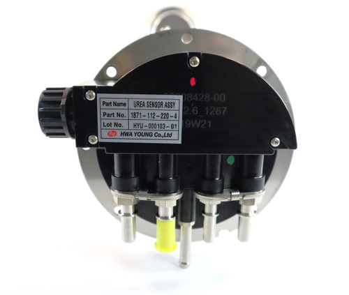 Mahindra UREA (DEF) level sending unit 18711122204 shown as a vertical in‑tank sensor and float assembly that mounts in the DEF tank on mForce105XL and mForce 105 tractors, measuring urea fluid level for the dash gauge and SCR emissions system, superseding earlier part numbers.