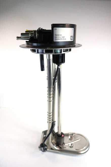 Mahindra UREA (DEF) level sending unit 18711122204 shown as a vertical in‑tank sensor and float assembly that mounts in the DEF tank on mForce105XL and mForce 105 tractors, measuring urea fluid level for the dash gauge and SCR emissions system, superseding earlier part numbers.