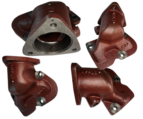 Mahindra cast thermostat housing 005554508R1 outlet neck for thermostat and upper radiator hose on C27 C35 E350 3505 3325 3525 tractor engines.