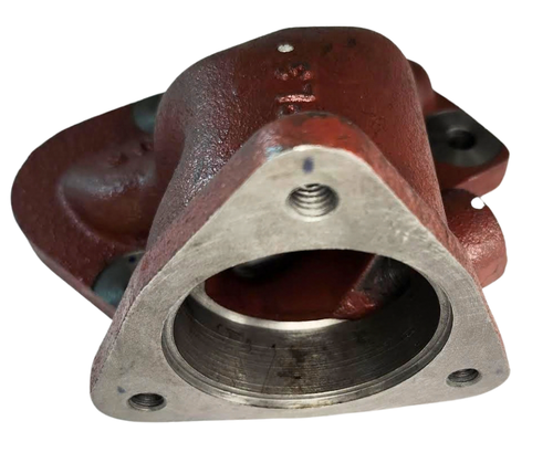 Mahindra cast thermostat housing 005554508R1 outlet neck for thermostat and upper radiator hose on C27 C35 E350 3505 3325 3525 tractor engines.