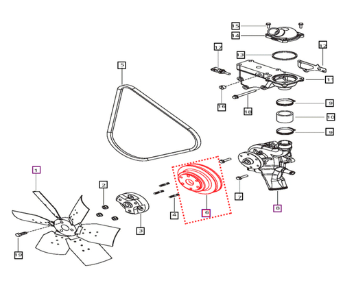 Mahindra 006014732D1 OEM pulley mounts on the water pump shaft to transfer belt drive from the crankshaft to the cooling fan and water pump, but does not include the water pump itself; it is sold as the replacement drive pulley component for the cooling system on these Tier 4 tractors.