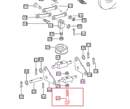 Mahindra 003064218R1 OEM foot brake adjuster bolt threads into the disc brake linkage on these tractors, allowing the technician to fine-tune the length of the linkage so both pedals apply even braking force and maintain proper braking performance over time