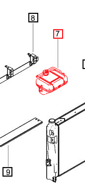 Mahindra coolant reservoir tank assembly 008014666U91 shown as a molded plastic expansion bottle with cap, level markings and mounting tabs, connected by hoses to the radiator on Mahindra 7085, 7095, 8090 and 8100 cab tractors to manage coolant expansion and recovery.