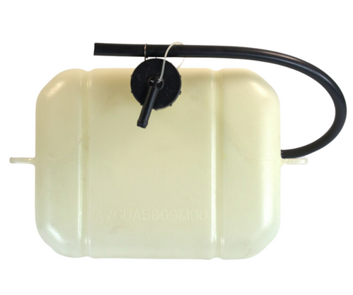 Mahindra coolant reservoir tank assembly 008014666U91 shown as a molded plastic expansion bottle with cap, level markings and mounting tabs, connected by hoses to the radiator on Mahindra 7085, 7095, 8090 and 8100 cab tractors to manage coolant expansion and recovery.