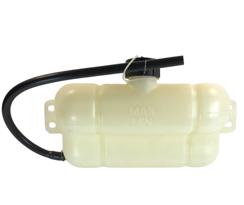 Mahindra coolant reservoir tank assembly 008014666U91 shown as a molded plastic expansion bottle with cap, level markings and mounting tabs, connected by hoses to the radiator on Mahindra 7085, 7095, 8090 and 8100 cab tractors to manage coolant expansion and recovery.