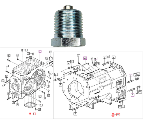Mahindra 16701015001 magnetic drain plug assembly, steel plug with built‑in magnet and sealing washer that threads into transmission and front axle drain ports on various Mahindra tractors to drain oil and trap fine metal particles.