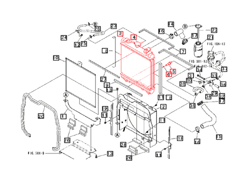 Mahindra radiator assembly 19590411000 shown as a complete bolt‑in radiator for 1815 and 1816 HST tractors, supplied with cap, drain plug and sealing washer installed, ready to connect to the cooling hoses and fan shroud.