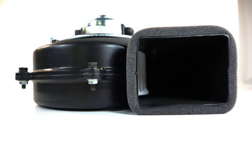 Mahindra E007517450D1 left‑hand side HVAC blower assembly for 6065, 6075, 7060, 8560, 7095, 8090, 8100, mPower 75P and mPower 85P cab tractors, complete blower housing with fan wheel and motor mounted on the LH side of the cab HVAC unit to push conditioned air through the interior ducting.