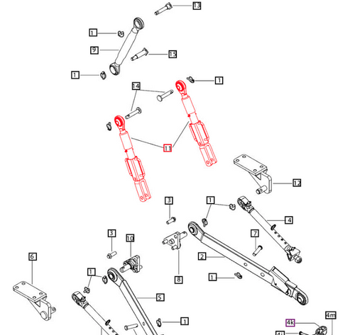 Mahindra 007000004U91 adjustable lift rod assembly for 6065 and 6075 tractors, complete 3‑point hitch side link with threaded adjuster that connects the lower lift arm to the tractor and allows fine leveling of rear implements; two per tractor.