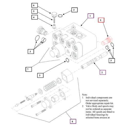 Mahindra KMW05806070 2300 psi relief valve cartridge for KMW ML114, ML214, ML230, ML245, ML260, ML264, ML265 and ML266 loaders, threaded hydraulic cartridge that installs in the KMW or Prince loader control valve to limit system pressure and protect hoses, cylinders and pumps.