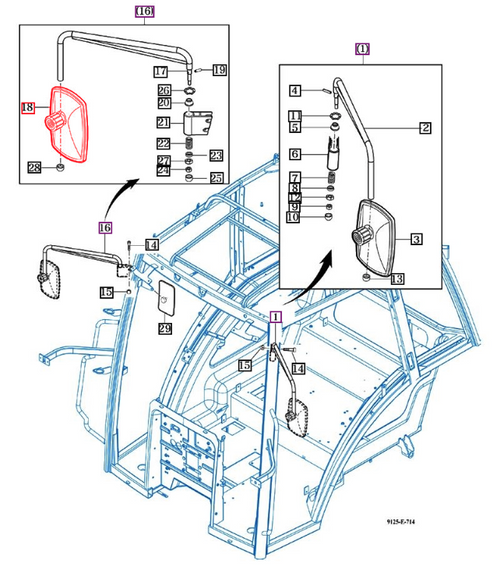 Mahindra 19127029200 RH and 19127029100 LH cab side mirrors for 9110, 9125, mForce 100, mForce 105 and mForce 105XL tractors, rectangular rearview mirrors on adjustable arms mounted to the cab frame, with left and right mirrors differing and selected from the driver’s seat perspective.