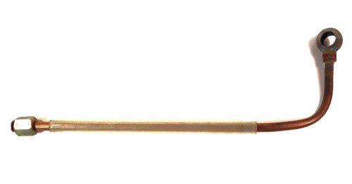 Mahindra 005550171R92 OEM steel fuel line from fuel tap to feed pump for 475 and E40 Mahindra tractors, formed diesel pipe with factory bends that routes fuel cleanly from the tank valve to the engine feed pump.