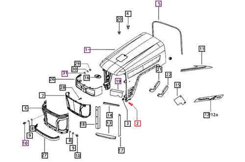 Mahindra 007901267B1 hood pivot bolt (replacing 008007520B1, 008000172B1 and 008000172B2) for 25 and 4500 Series tractors, shouldered hinge bolt that mounts through the hood and radiator grille brackets to provide a pivot point for opening the hood; two used per tractor.
