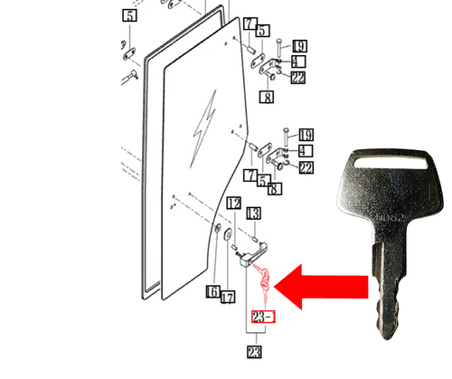 Mahindra 16997028990 cab door key for 10 Series 4510 and 7010 cab tractors, small metal key that operates the cab door locks; two keys used per tractor.