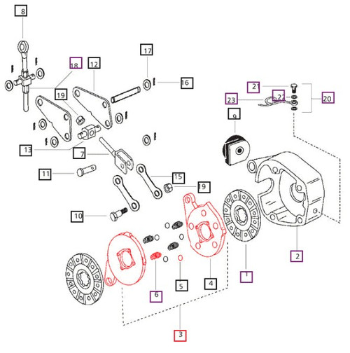 Mahindra 7 inch brake actuating assembly 006501229C91 showing the internal plates, springs and balls used in the disc brake linkage on selected Mahindra 25, 00, 30, 4500 and 5500 Series tractors.
