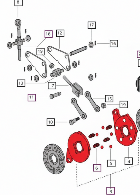 Mahindra 7 inch brake actuating assembly 006501229C91 showing the internal plates, springs and balls used in the disc brake linkage on selected Mahindra 25, 00, 30, 4500 and 5500 Series tractors.