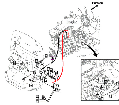 Mahindra 14521162301 foot throttle accelerator cable assembly for 10 Series 5010 Gear 4WD and 5010 Gear Cab tractors, linking the foot pedal to the engine throttle for smooth speed control.